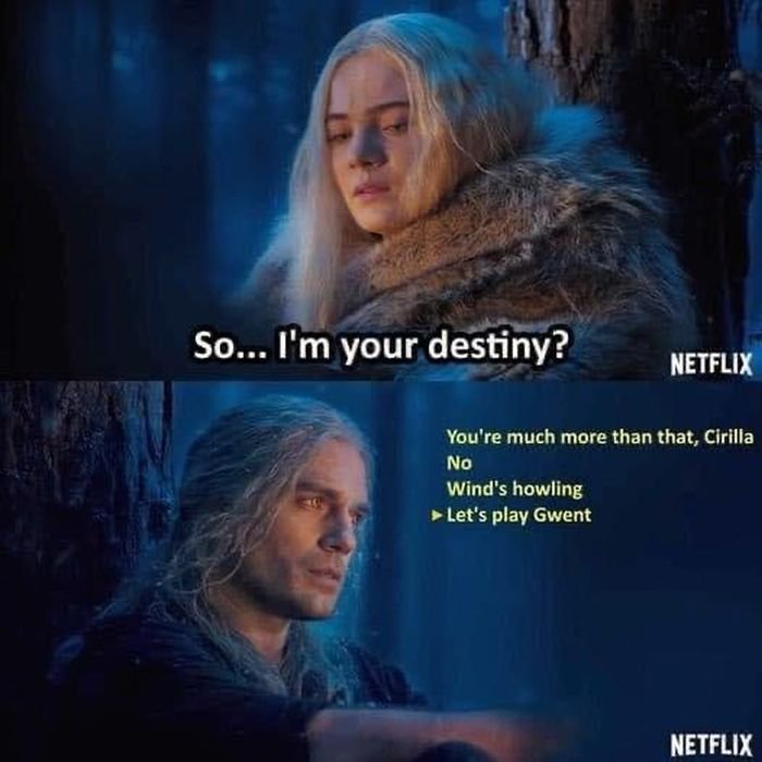Gaming memes - witcher hmm - So... I'm your destiny? Netflix You're much more than that, Cirilla No Wind's howling Let's play Gwent Netflix