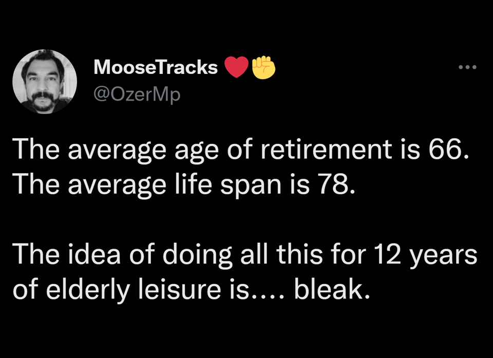 funny and fresh tweets - screenshot - MooseTracks The average age of retirement is 66. The average life span is 78. The idea of doing all this for 12 years of elderly leisure is.... bleak.