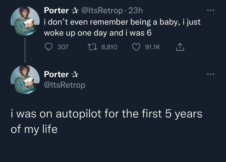 funny and fresh tweets - atmosphere - Porter . 23h i don't even remember being a baby, i just woke up one day and i was 6 307 8,810 Porter i was on autopilot for the first 5 years of my life
