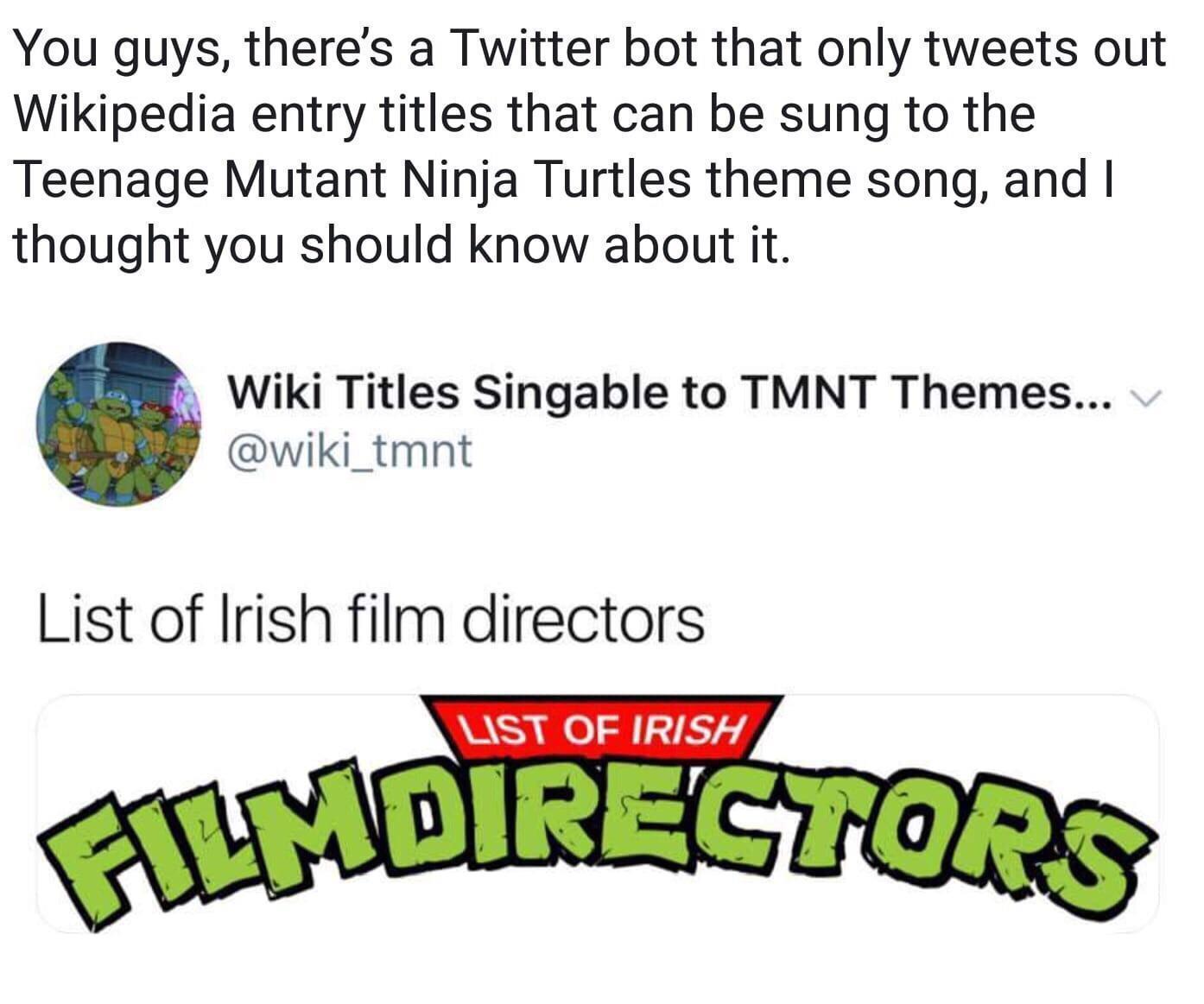 dank memes - point - You guys, there's a Twitter bot that only tweets out Wikipedia entry titles that can be sung to the Teenage Mutant Ninja Turtles theme song, and I thought you should know about it. Wiki Titles Singable to Tmnt Themes... List of Irish 