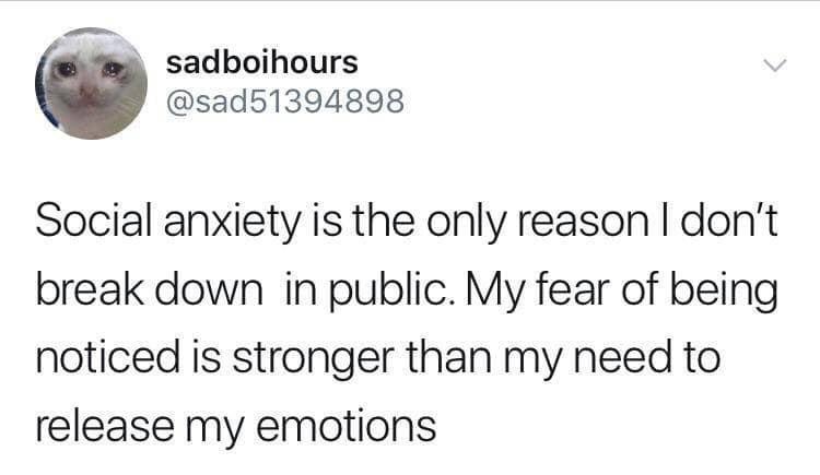dank memes - Humor - sadboihours Social anxiety is the only reason I don't break down in public. My fear of being noticed is stronger than my need to release my emotions