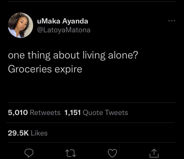 savage tweets --  true funny relatable tweets - uMaka Ayanda one thing about living alone? Groceries expire 5,010 1,151 Quote Tweets 22