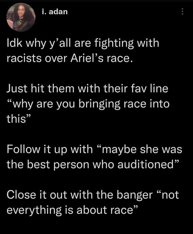 savage tweets - Internet meme - i. adan Idk why y'all are fighting with racists over Ariel's race. Just hit them with their fav line "why are you bringing race into this" it up with "maybe she was the best person who auditioned" Close it out with the bang