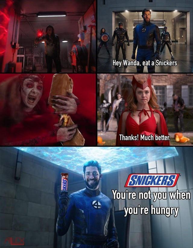 monday morning randomness - wanda snickers meme - Ekers Hey Wanda, eat a Snickers Thanks! Much better. Snickers You're not you when you're hungry