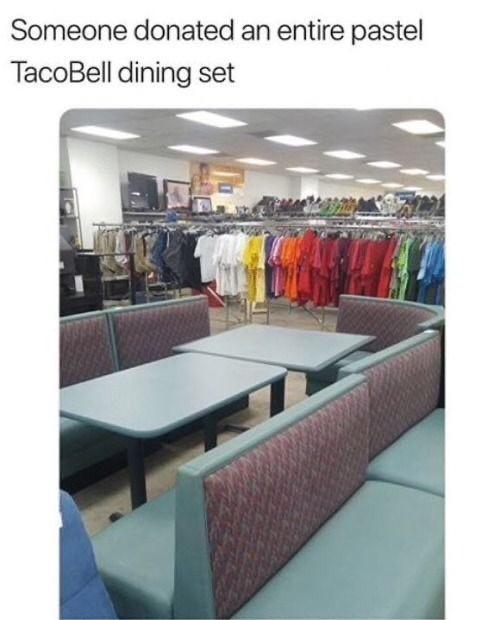 daily dose of pics and memes - table - Someone donated an entire pastel TacoBell dining set