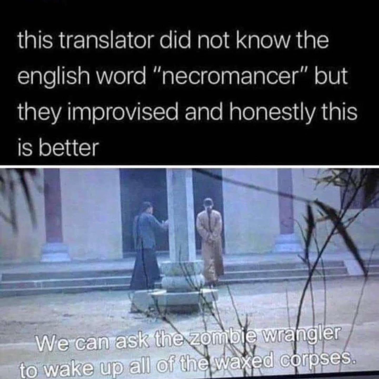 daily dose of pics and memes - libertarian t shirts - this translator did not know the english word "necromancer" but they improvised and honestly this is better We can ask the zombie wrangler to wake up all of the waxed corpses.