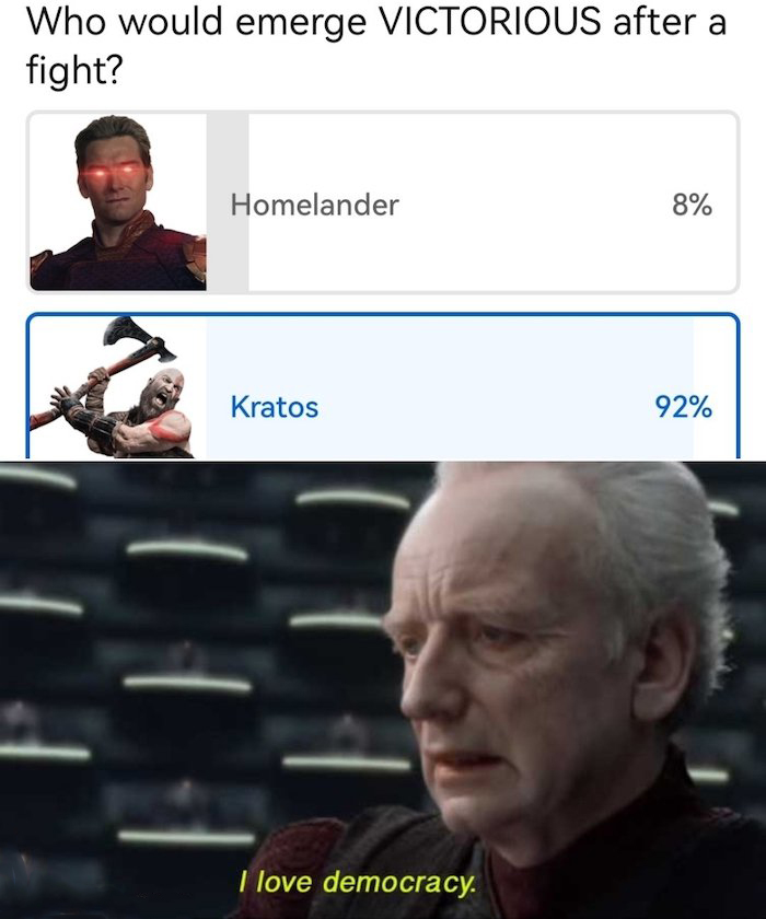 gaming memes - photo caption - Who would emerge Victorious after a fight? Homelander Kratos I love democracy. 8% 92%