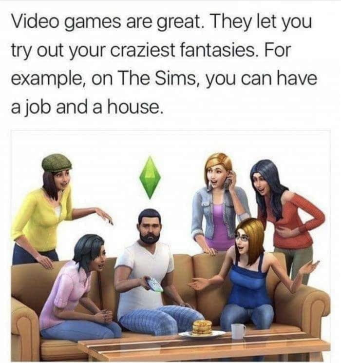 gaming memes - sims characters - Video games are great. They let you try out your craziest fantasies. For example, on The Sims, you can have a job and a house. B9