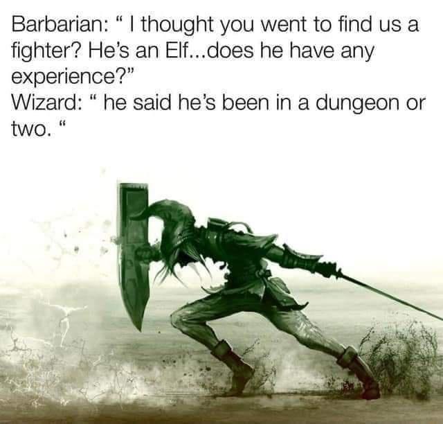 gaming memes - link background - Barbarian "I thought you went to find us a fighter? He's an Elf...does he have any experience?" Wizard " he said he's been in a dungeon or two. "