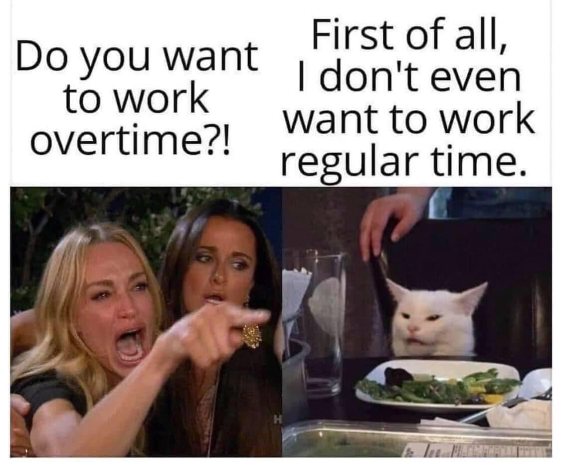 funny memes and pics - spread memes - Do you want to work overtime?! First of all, I don't even want to work regular time.