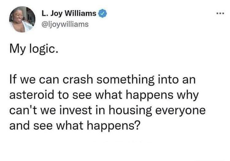 funny tweets - L. Joy Williams My logic. If we can crash something into an asteroid to see what happens why can't we invest in housing everyone and see what happens?