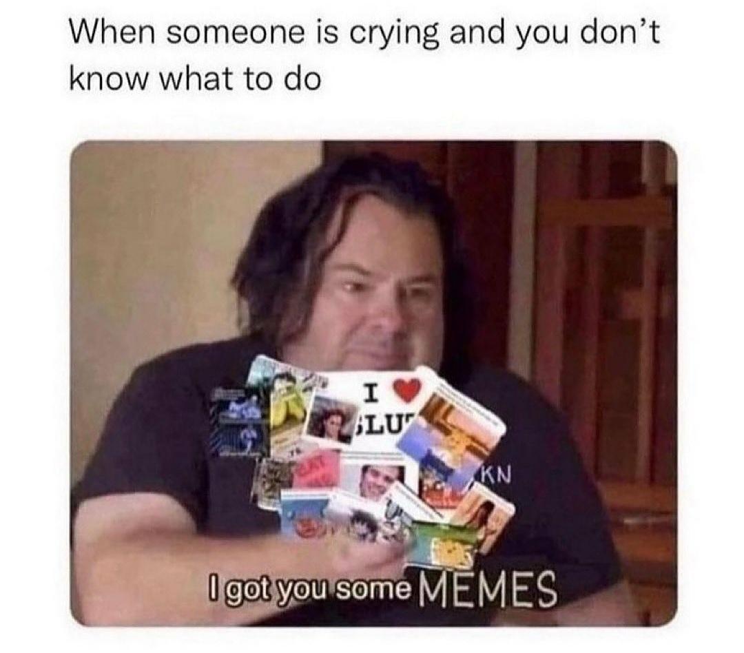 daily dose of memes and pics - photo caption - When someone is crying and you don't know what to do H Lu Kn I got you some Memes