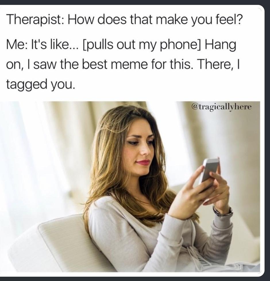 daily dose of memes and pics - therapy memes - Therapist How does that make you feel? Me It's ... pulls out my phone Hang on, I saw the best meme for this. There, I tagged you.