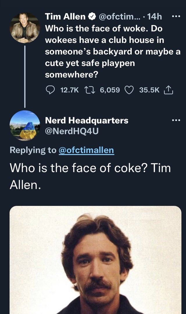 funny tweets - human behavior - Putin Tim Allen ... 14h Who is the face of woke. Do wokees have a club house in someone's backyard or maybe a cute yet safe playpen somewhere? 6,059 1 Nerd Headquarters Who is the face of coke? Tim Allen.