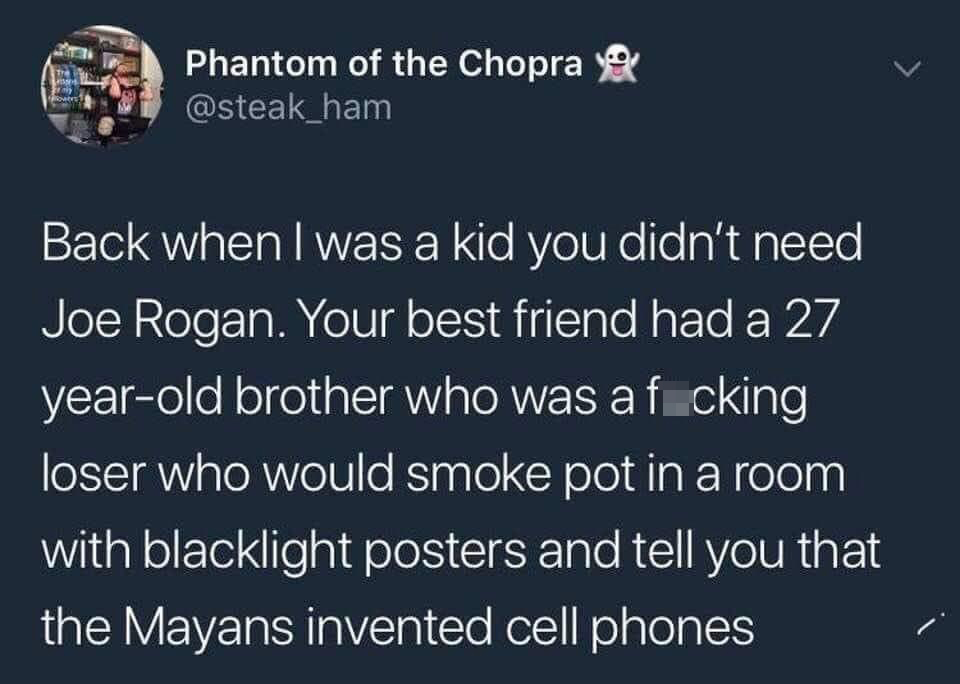 funny tweets - joe rogan mayans cell phones - my Flowers Phantom of the Chopra Back when I was a kid you didn't need Joe Rogan. Your best friend had a 27 yearold brother who was a f_ cking loser who would smoke pot in a room with blacklight posters and te