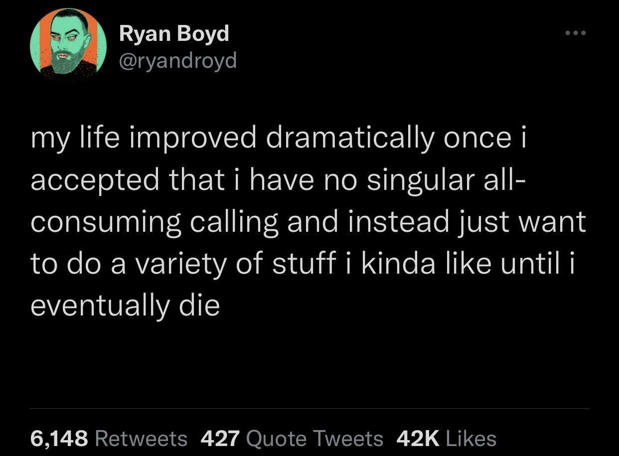 funny tweets - hair ties meme - Ryan Boyd my life improved dramatically once i accepted that i have no singular all consuming calling and instead just want to do a variety of stuff i kinda until i eventually die 6,148 427 Quote Tweets 42K