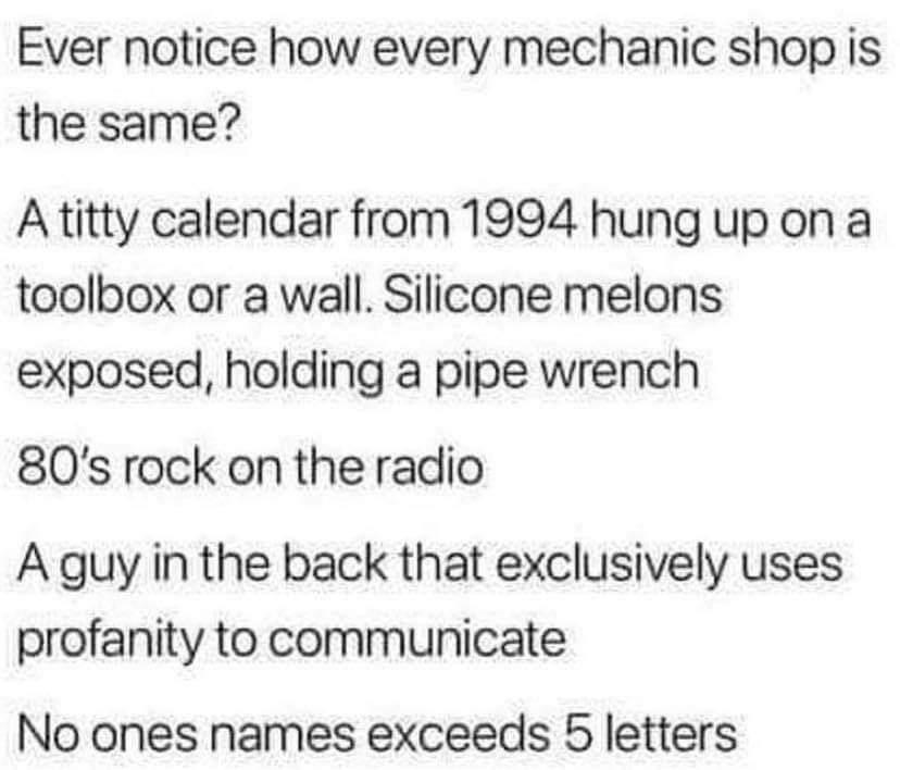 monday morning randomness - determine the density of electrons in silicon - Ever notice how every mechanic shop is the same? A titty calendar from 1994 hung up on a toolbox or a wall. Silicone melons exposed, holding a pipe wrench 80's rock on the radio A