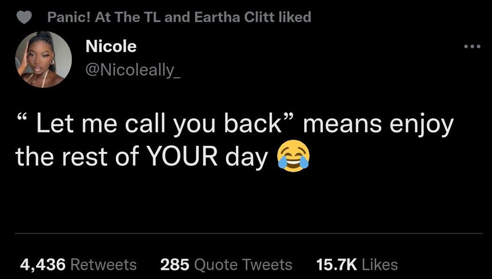 funny tweets - would you still love me if - Panic! At The Tl and Eartha Clitt d Nicole 66 Let me call you back" means enjoy the rest of Your day 4,436 285 Quote Tweets