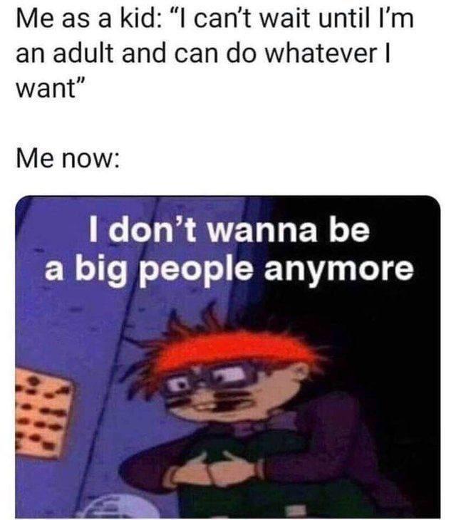 funny memes and cool pics - don t want to be a big people anymore - Me as a kid "I can't wait until I'm an adult and can do whatever I want" Me now I don't wanna be a big people anymore