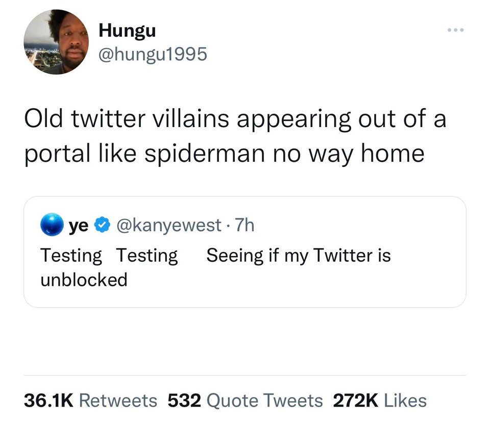 funny memes - edward cullen spanish flu meme - Hungu Old twitter villains appearing out of a portal spiderman no way home ye . 7h Testing Testing Seeing if my Twitter is unblocked 532 Quote Tweets