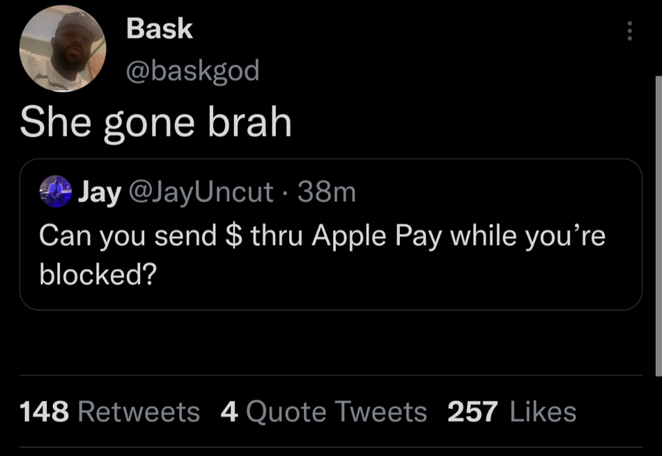 savage tweets of the week - Ryan Asher - Bask She gone brah Jay . 38m Can you send $ thru Apple Pay while you're blocked? 148 4 Quote Tweets 257