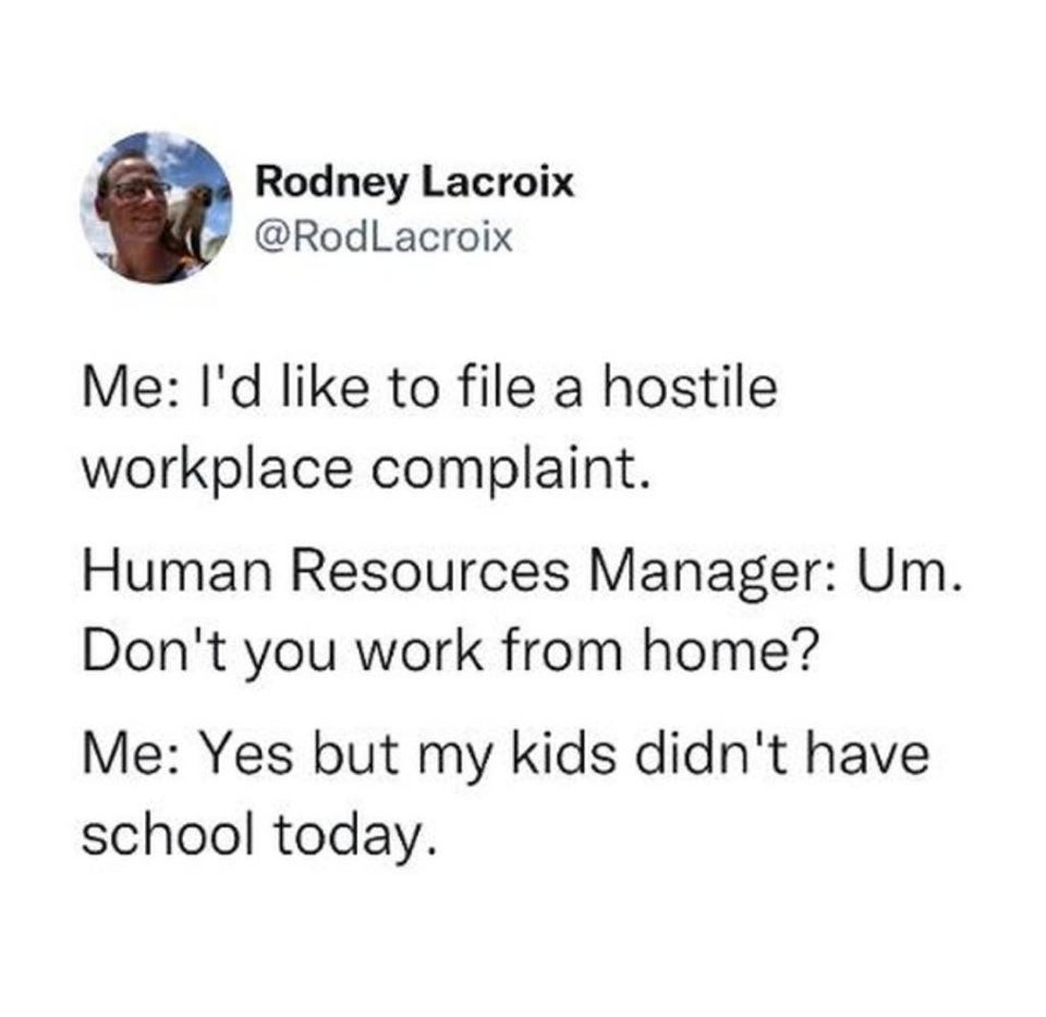 savage tweets of the week - wisdoms - Rodney Lacroix Me I'd to file a hostile workplace complaint. Human Resources Manager Um. Don't you work from home? Me Yes but my kids didn't have school today.