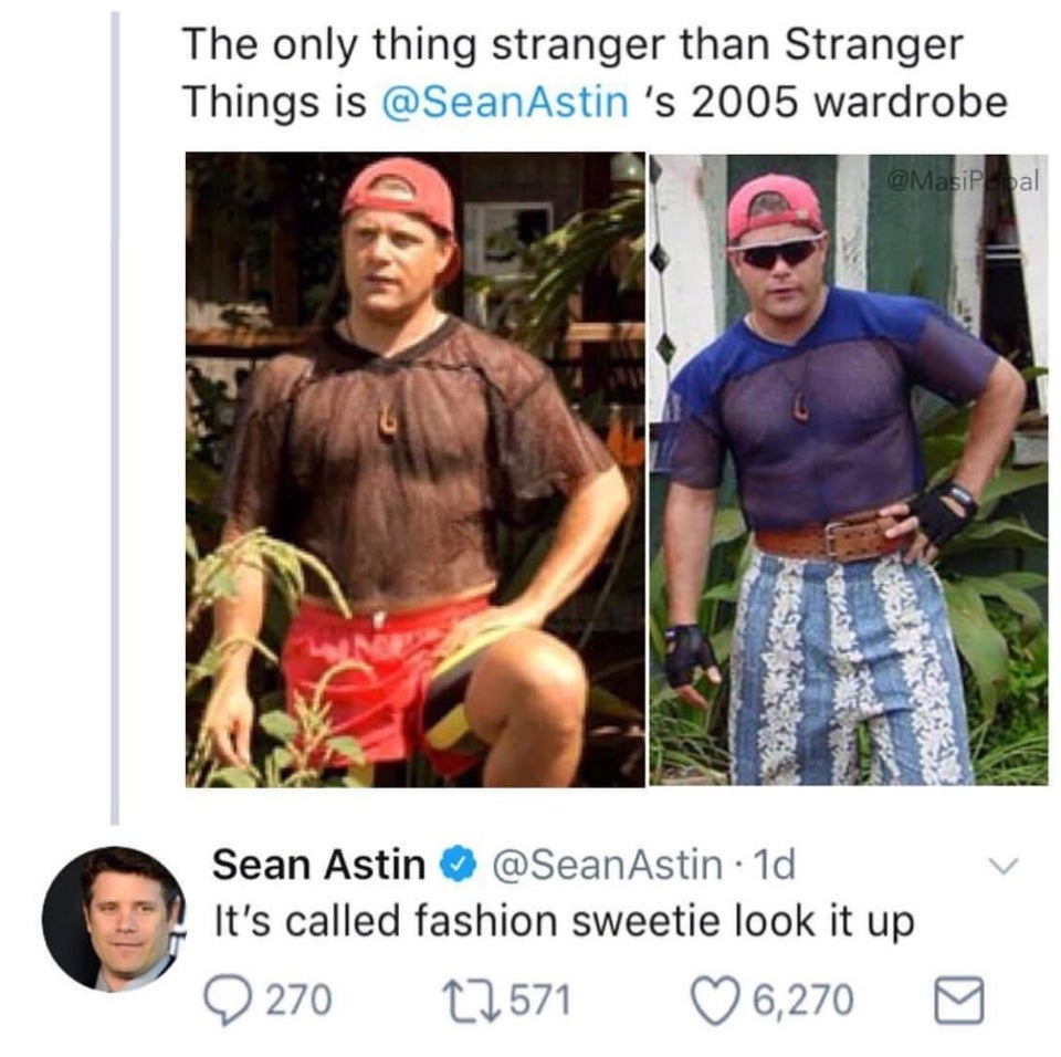 funny tweets - photo caption - The only thing stranger than Stranger Things is 's 2005 wardrobe Sean Astin Astin 1d It's called fashion sweetie look it up 270 2571 6,270
