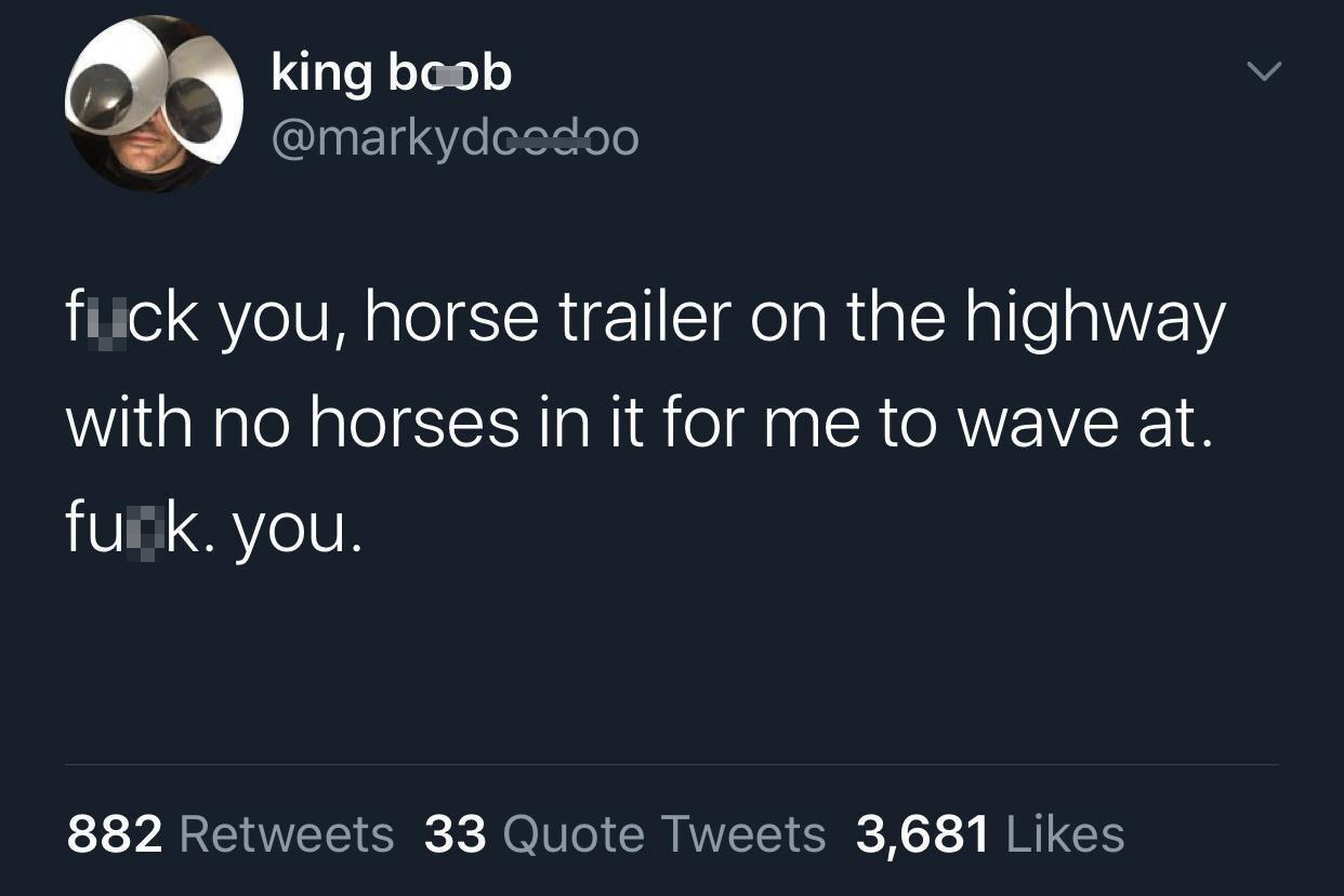 funny tweets - tweets about being alone - king boob fick you, horse trailer on the highway with no horses in it for me to wave at. funk. you. 882 33 Quote Tweets 3,681