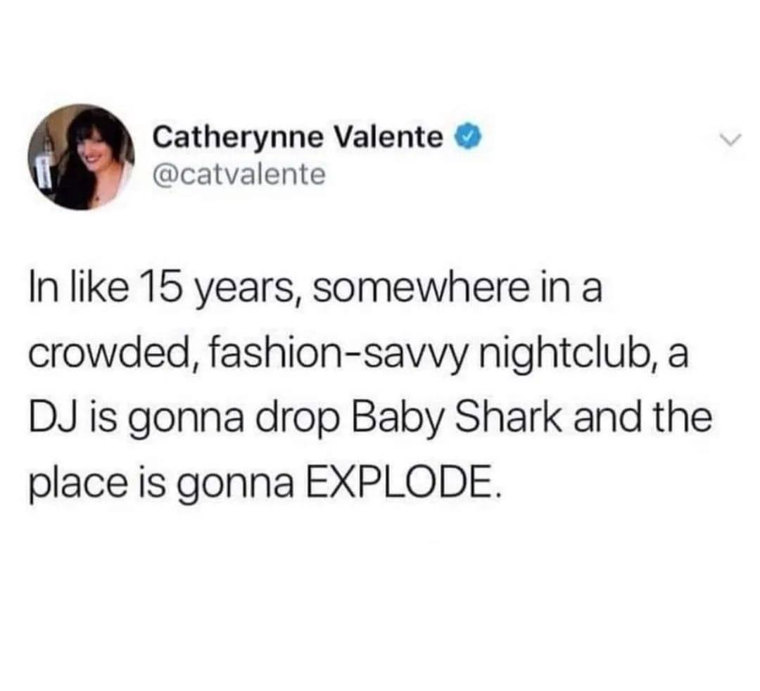 funny memes - Catherynne Valente In 15 years, somewhere in a crowded, fashionsavvy nightclub, a Dj is gonna drop Baby Shark and the place is gonna Explode.