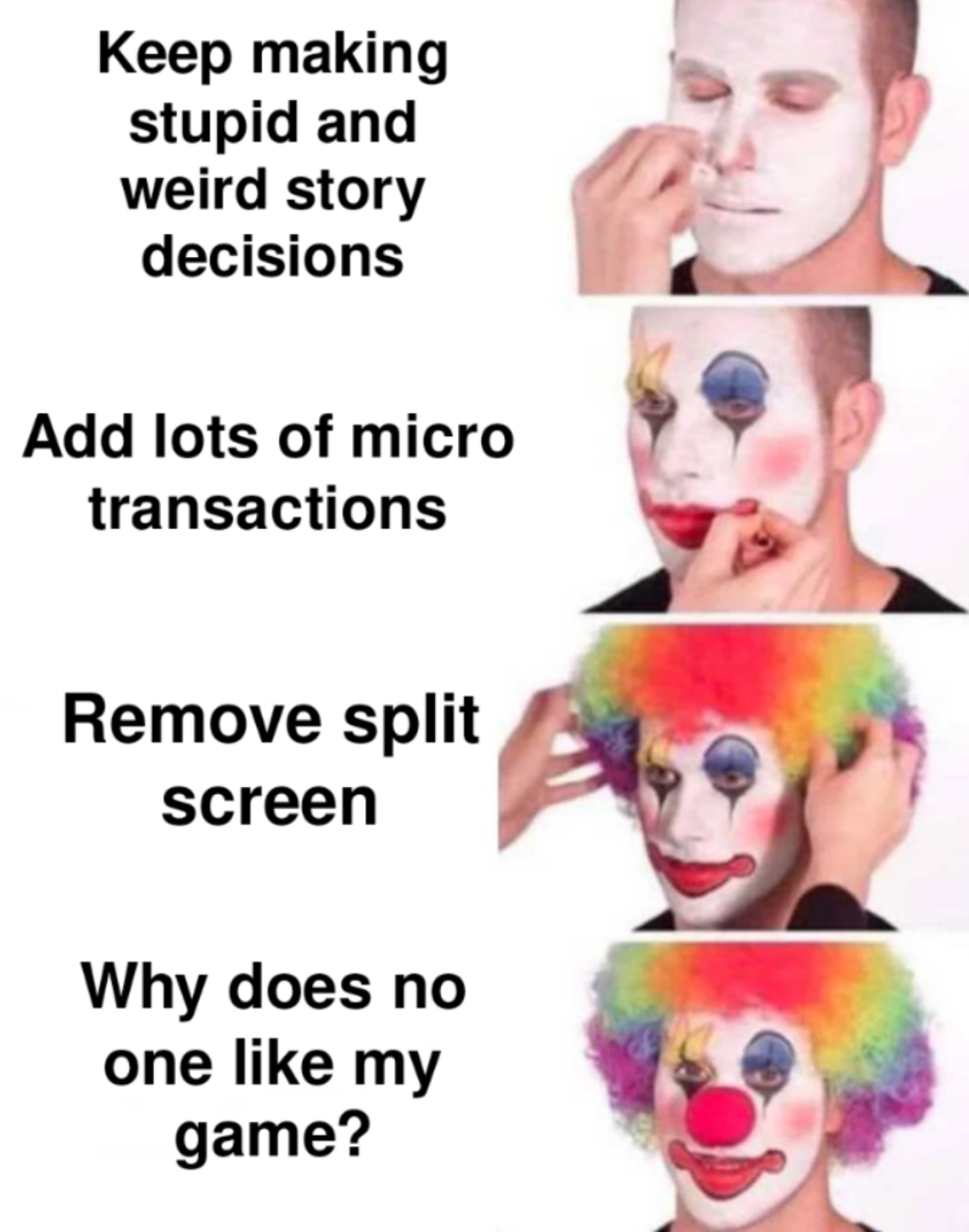 gaming memes - clown meme gacha - Keep making stupid and weird story decisions Add lots of micro transactions Remove split screen Why does no one my game?
