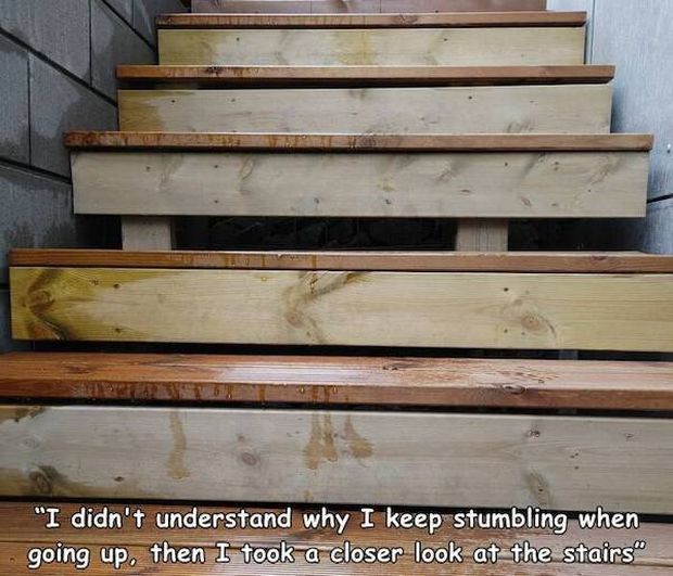 construction fails - lumber - "I didn't understand why I keep stumbling when going up, then I took a closer look at the stairs"