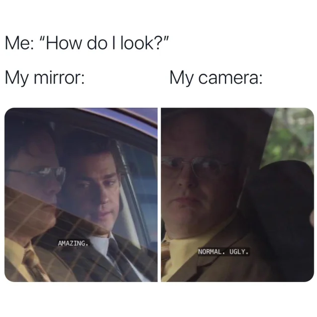 monday morning randomness memes - do i look my mirror and my camera meme - Me "How do I look?" My mirror Amazing. My camera Normal. Ugly.
