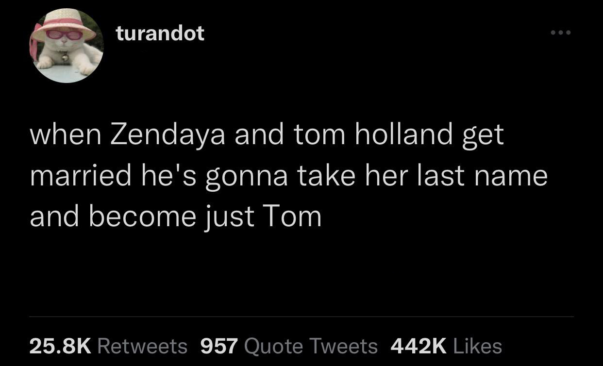 savage tweets - best relationship tweet - turandot when Zendaya and tom holland get married he's gonna take her last name and become just Tom 957 Quote Tweets