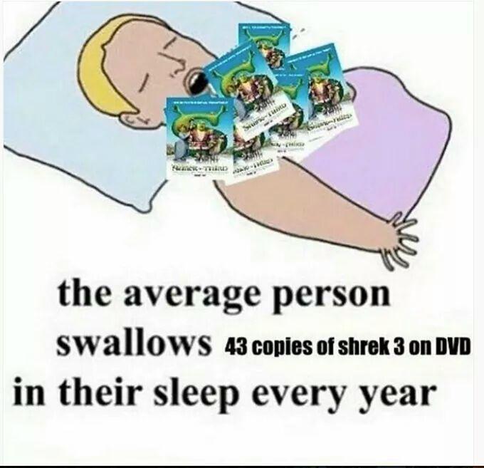 monday morning randomness - average person swallows meme - BanerTHiND SureTuto 226301100 rulles the average person swallows 43 copies of shrek 3 on Dvd in their sleep every year