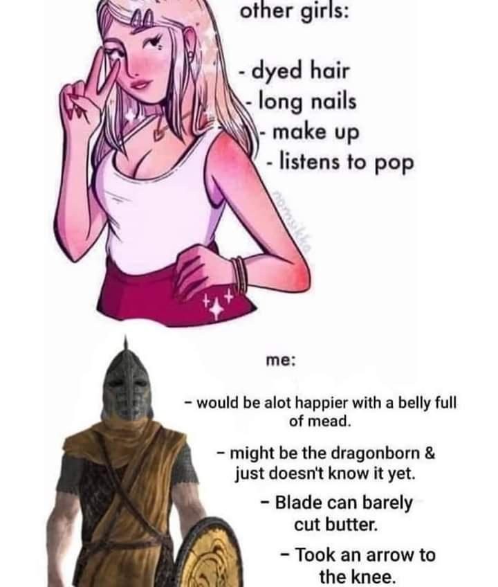 Gaming memes - cartoon - other girls dyed hair long nails make up listens to pop me would be alot happier with a belly full of mead. might be the dragonborn & just doesn't know it yet. Blade can barely cut butter. Took an arrow to the knee.