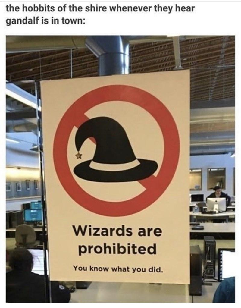 dank memes - signage - the hobbits of the shire whenever they hear gandalf is in town Wizards are prohibited You know what you did.