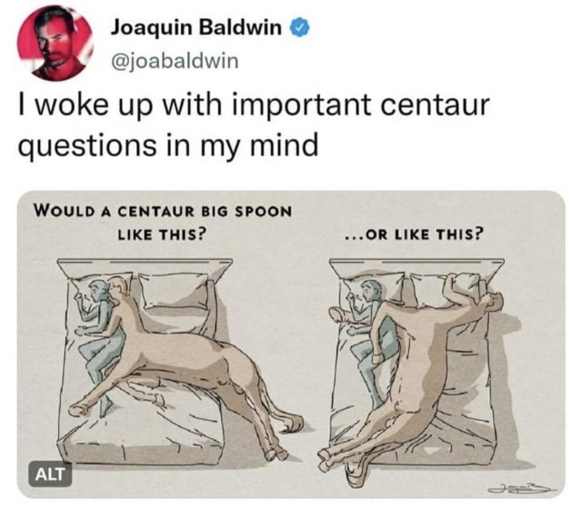 dank memes - cartoon - Joaquin Baldwin I woke up with important centaur questions in my mind Would A Centaur Big Spoon This? Alt ...Or This?