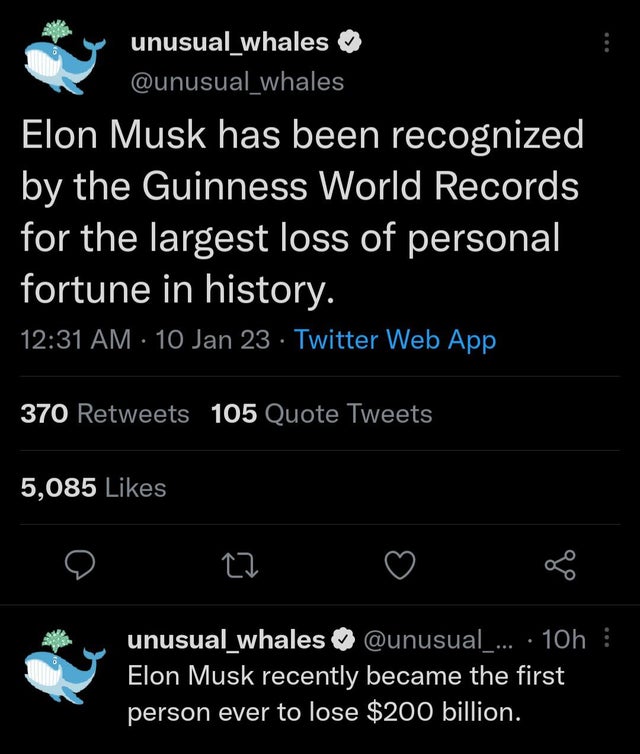 savage tweets - screenshot - unusual_whales Elon Musk has been recognized by the Guinness World Records for the largest loss of personal fortune in history. 10 Jan 23 Twitter Web App 370 105 Quote Tweets 5,085 22 unusual_whales ....10h Elon Musk recently 