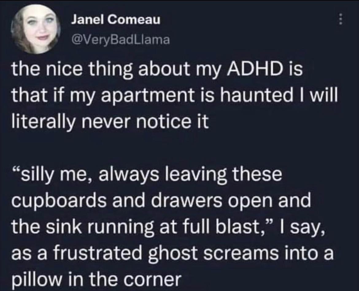 savage tweets - presentation - Janel Comeau the nice thing about my Adhd is that if my apartment is haunted I will literally never notice it "silly me, always leaving these cupboards and drawers open and the sink running at full blast," I say, as a frustr