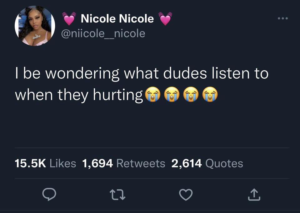 screenshot - Nicole Nicole I be wondering what dudes listen to when they hurting 1,694 2,614 Quotes 22