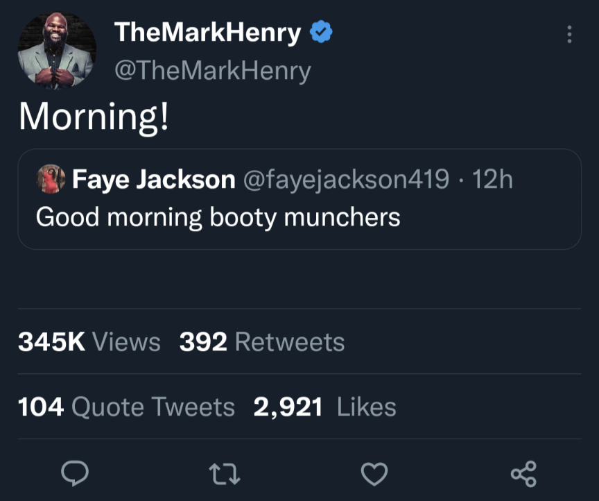 lacey evans deleted post - TheMarkHenry Morning! Faye Jackson . 12h Good morning booty munchers Views 392 104 Quote Tweets 2,921 27 go