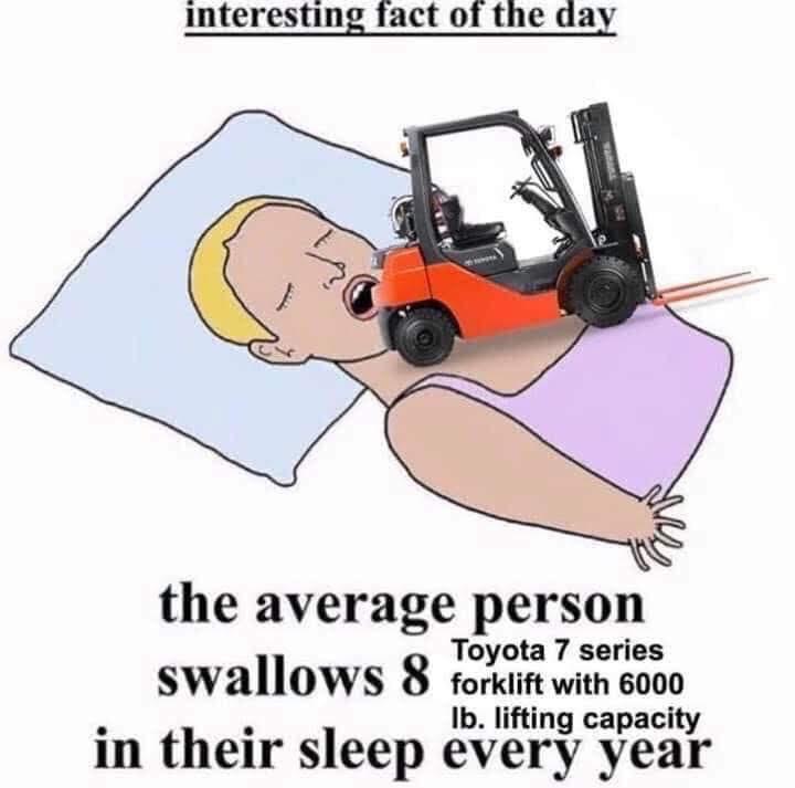 dank memes - cartoon - interesting fact of the day the average person Toyota 7 series swallows 8 forklift with 6000 lb. lifting capacity in their sleep every year