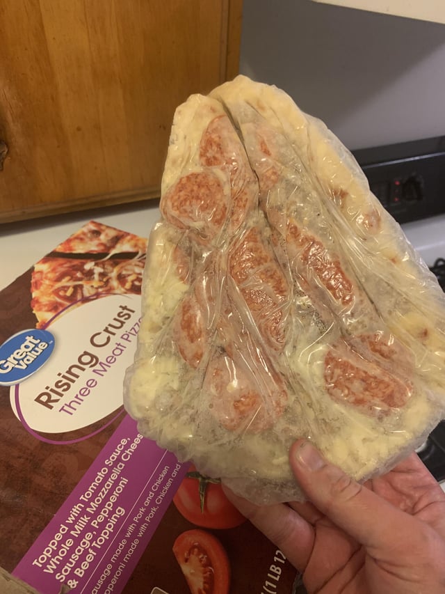 people having a bad day - meat - Sausage, Pepperoni Topped with Tomato Sauce, Whole Milk Mozzarella Chees & Beef Topping ausage made with Pork and Chicken Operoni made with Pork, Chicken and 1 Lb 12 Value Great Rising Crust Three Meat Pizz