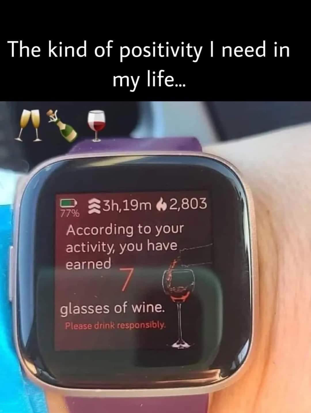 funny memes pics and tweets - Wine - The kind of positivity I need in my life.... 77% 3h,19m2,803 According to your activity, you have earned 7 glasses of wine. Please drink responsibly.