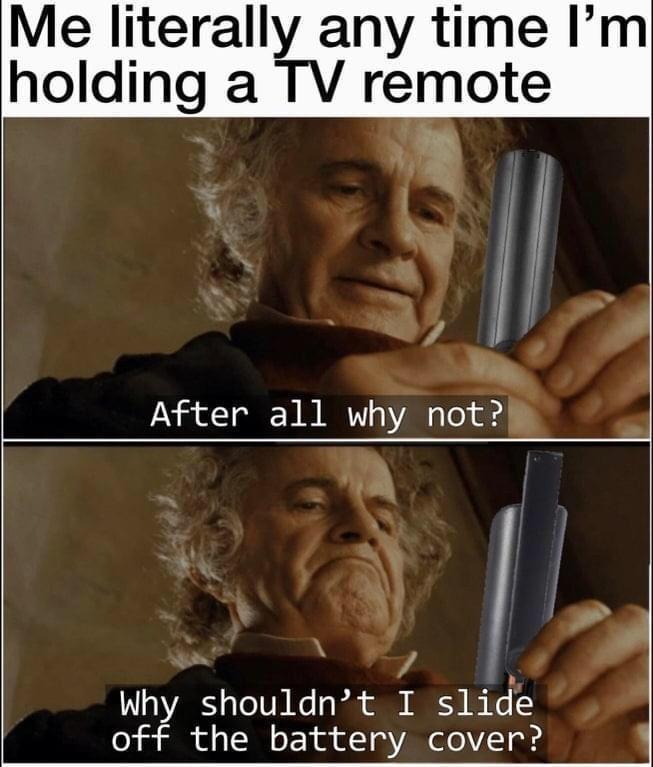 funny memes pics and tweets - me literally any time im holing a tv remote - Me literally any time I'm holding a Tv remote After all why not? Why shouldn't I slide off the battery cover?