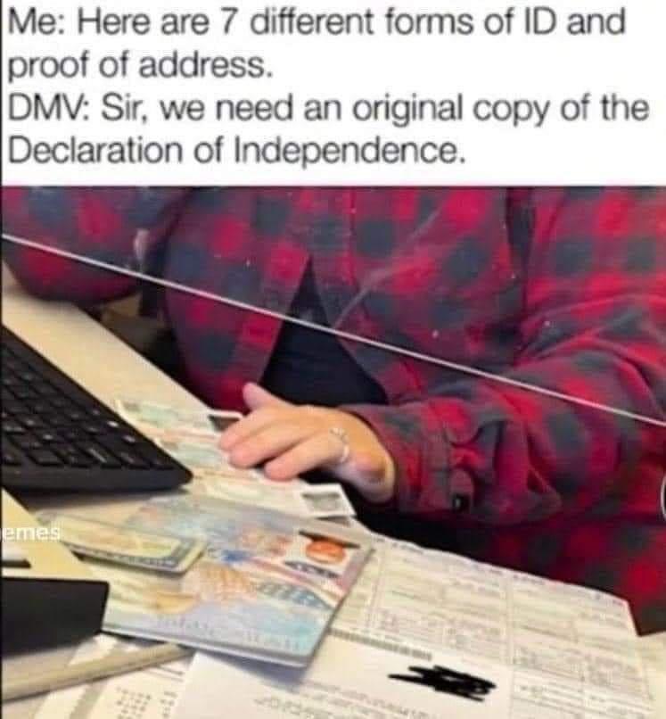 dank memes - learning - Me Here are 7 different forms of Id and proof of address. Dmv Sir, we need an original copy of the Declaration of Independence. emes