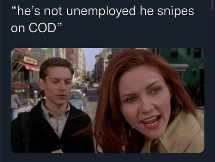 gaming memes for all - photo caption - "he's not unemployed he snipes on Cod" 6