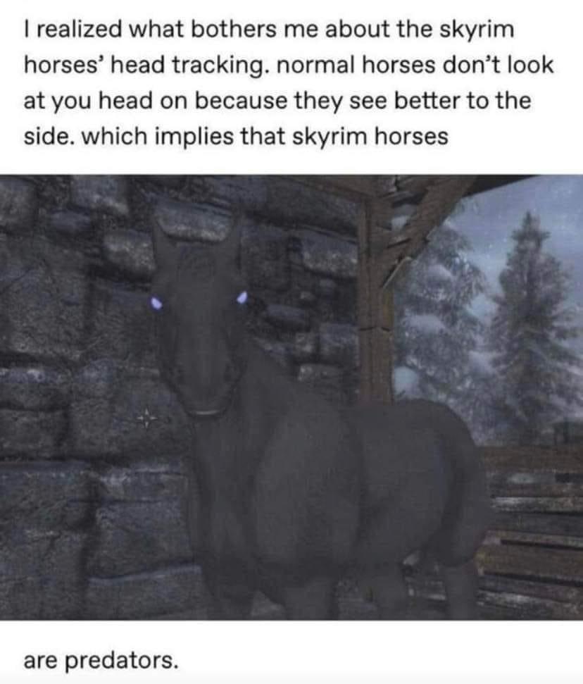 gaming memes for all - fauna - I realized what bothers me about the skyrim horses' head tracking. normal horses don't look at you head on because they see better to the side. which implies that skyrim horses are predators.