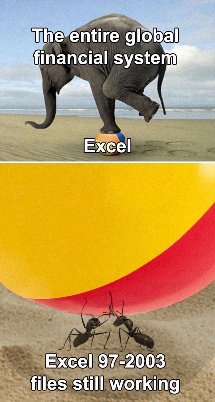 funny tweets memes and pics - world economy excel meme - The entire global financial system Excel Excel 972003 files still working