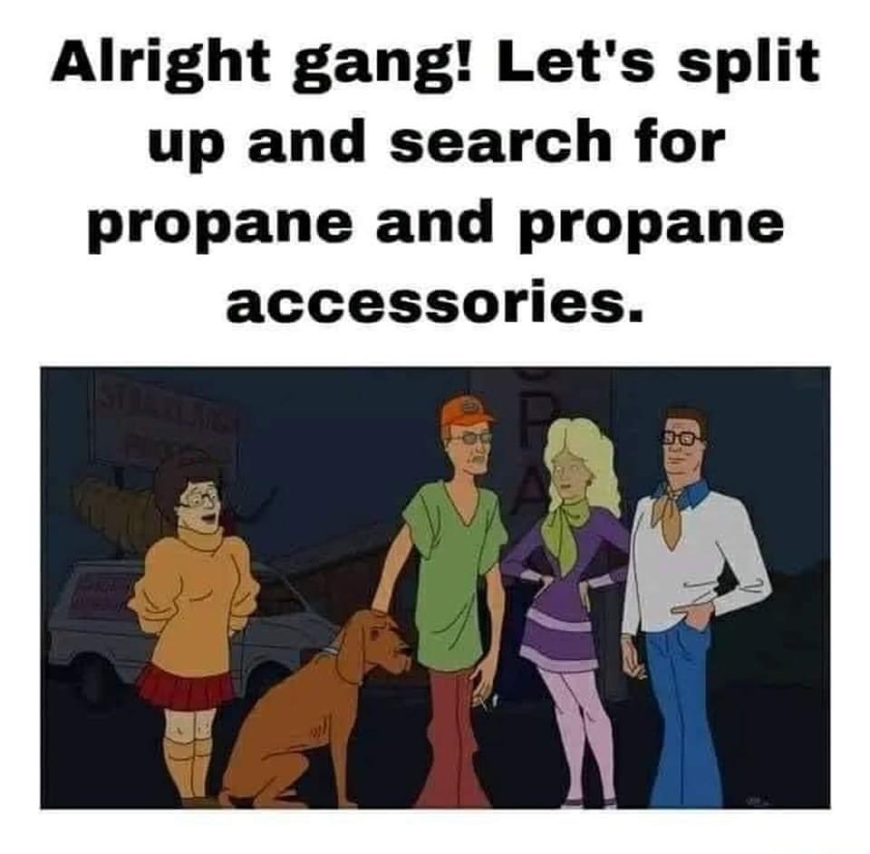 fresh memes - cartoon - Alright gang! Let's split up and search for propane and propane accessories. P 30